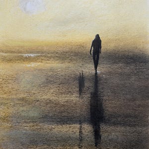 May include: Watercolor painting of a person walking on a beach at sunset. The figure is a dark silhouette, with a long shadow cast on the wet sand. The sky is a warm yellow with a white sun.