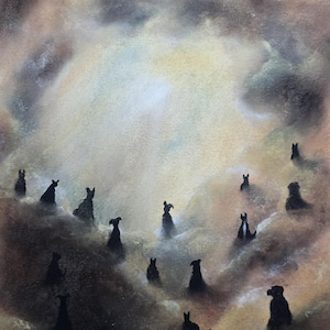 May include: A painting depicting multiple black dog silhouettes scattered across a textured, hazy background of swirling beige, brown, and white clouds. The dogs are positioned at varying heights, creating a sense of depth within the atmospheric, misty scene.