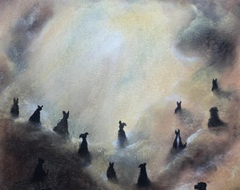 May include: A painting depicting multiple black dog silhouettes scattered across a textured, hazy background of swirling beige, brown, and white clouds. The dogs are positioned at varying heights, creating a sense of depth within the atmospheric, misty scene.