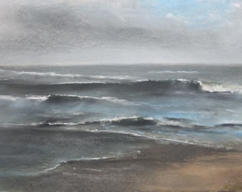 Der Strand. Original signierte Malerei von Andrew McAdam. Ungerahmt, Größe A3, 42 cm mal 29,7 cm.