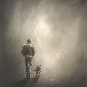 May include: A black and white painting of a person walking a dog down a street. The person is wearing a jacket and the dog is walking behind them. The background is a light gray color.