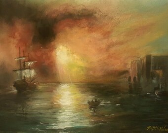 Hafen bei Sonnenuntergang. Original signierte Malerei von Andrew McAdam. Ungerahmt, Größe A3.