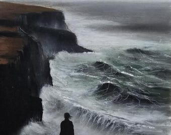 Observando las olas. Lámina artística de calidad profesional firmada a mano. Obra original de Andrew McAdam. Sin marco, tamaño A3.