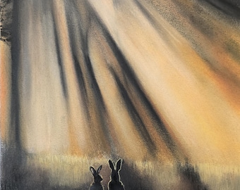 Hazel and Fiver. High quality fine art print of an original work by Andrew McAdam. Unframed, size A3.