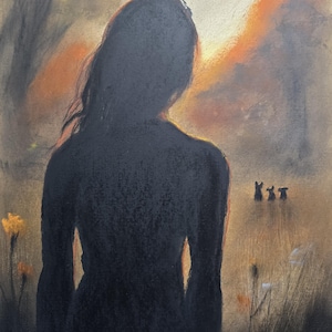 May include: A charcoal drawing depicting the silhouette of a person viewed from behind, standing in a field with tall grasses and yellow flowers. In the distance, three small dark figures stand against a warm, glowing orange and yellow sunset sky.