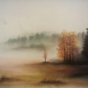 Morning mist. Original signed landscape art by Andrew McAdam. Unframed, size 42cm by 29.7cm.