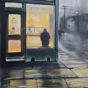 May include: A pastel drawing of a fish and chip shop at night. The shop's sign reads "FISH & CHIPS". The interior is lit, with a person visible inside. The wet street reflects the shop's warm light, creating a moody atmosphere.