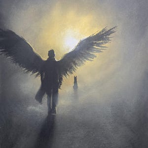 May include: A painting depicting a dark silhouette of a figure with large feathered wings walking towards a bright light source. A small dog silhouette stands in the distance. The artwork features a hazy, atmospheric grey background and a signature.