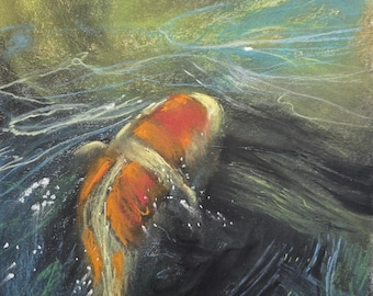 Schleier aus Wasser. Original signierte Malerei von Andrew McAdam. Koi Fisch. Ungerahmt, Größe A3, 42 cm mal 29,7 cm.