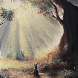May include: A watercolour painting depicting a forest scene with two rabbits. A large tree dominates the right side, with light rays filtering through. The rabbits are positioned in the foreground and background of the artwork.