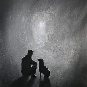 May include: A monochrome artwork showing a person kneeling next to a dog. The figures are in silhouette against a textured, illuminated backdrop. The artwork is signed in the bottom right corner.