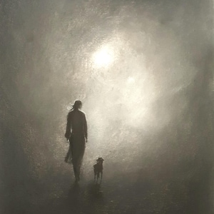 May include: A silhouette of a person walking a dog in a misty, grey landscape. The sun shines brightly in the distance, creating a halo effect.