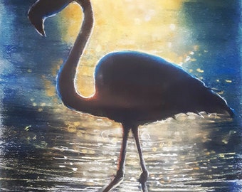 Flamingo. Original signierte Kunst von Andrew McAdam. Ungerahmt, Größe A3.