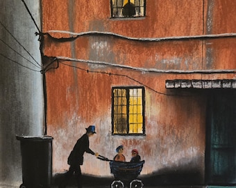 Abendspaziergang in den Schlaf. Original signierte Malerei von Andrew McAdam. Ungerahmt, Größe A3, 42 cm mal 29,7 cm.