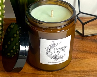 Hemp Eucalyptus Soy Candle — Hand Poured, Amber Jar, Natural Vegan Wax, Cozy Home Fragrance, Gift
