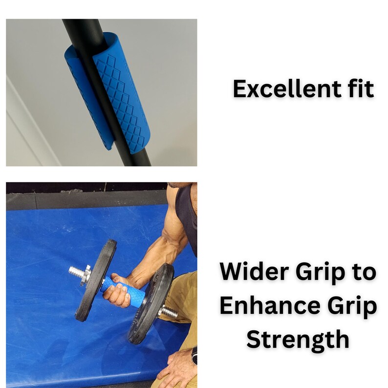 Puede incluir: Empu&ntilde;adura azul para una barra o mancuerna. La empu&ntilde;adura es texturizada y est&aacute; dise&ntilde;ada para mejorar la fuerza de agarre. "Excellent fit" y "Wider Grip to Enhance Grip Strength" est&aacute;n escritos en negro sobre fondo blanco.