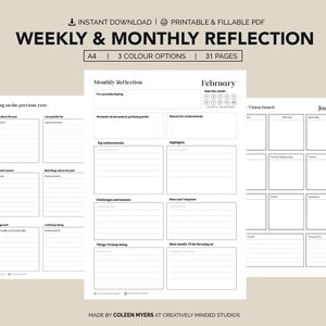 Könnte beinhalten: Ein druckbarer PDF-Planer mit einem schwarz-weißen Design. Der Planer enthält Abschnitte für die monatliche und wöchentliche Reflexion sowie ein Vision Board. Der Text auf der Seite lautet "Wöchentliche & Monatliche Reflexion" und "Erstellt von Coleen Myers bei Creatively Minded Studios".
