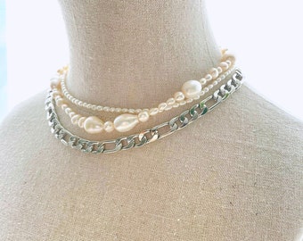 Layered Pearl Halsketten-Set, geschichtete Halskette, Süßwasserperle, Billie Eilish inspire Choker, 2021 Trendy new style, e girl e boy, blohsh,