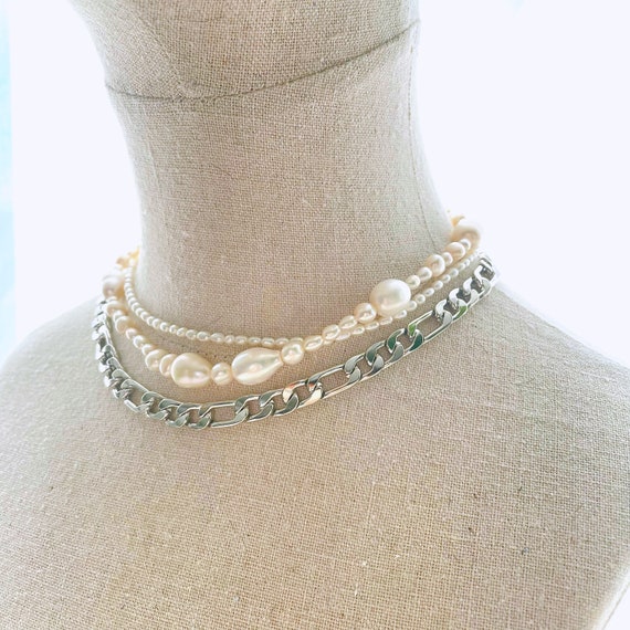Layered  Pearl necklace set,  layered necklace, Freshwater Pearl,Billie Eilish inspire Choker, 2021 Trendy new style, e girl e boy, blohsh,