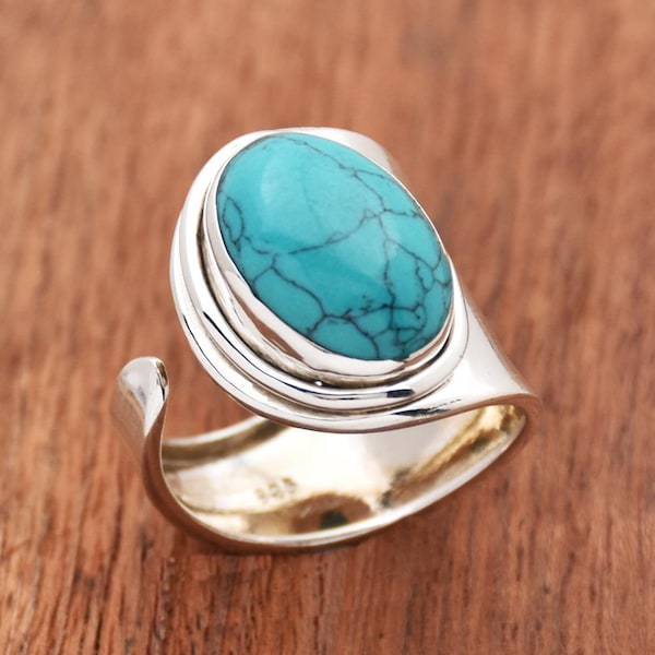 Blue Turquoise Sterling Silver Ring: Adjustable Wide Band Boho Ring