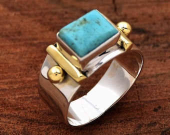 Natural Turquoise Ring, 925 Sterling Silver ring, Baguette Ring, Anniversary Ring, Two Tone Ring, Wide Band Ring, Beaded Ring, Gift For Her