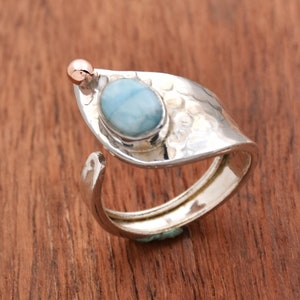 Natural Larimar Ring, 925 Sterling Silver Ring Adjustable Ring Oval Ring, Wrap Ring, Hammered Ring, Thumb Ring, Spiral Ring, Caribbean Stone