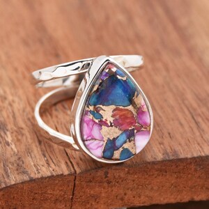 Pink Spiny Oyster Turquoise Ring, 925 Sterling Silver Ring, Oyster Turquoise Ring, Pink Oyster Turquoise Ring, Hammered Band Ring