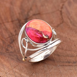 Pink Oyster Turquoise Ring 925 Sterling Silver Ring Oval Oyster Turquoise Ring Pink Spiny Oyster Turquoise Ring Boho Ring Filigree Ring