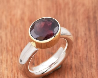Handmade Oval Garnet Sterling Silver Ring - 5MM Band