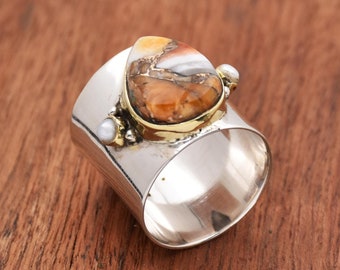 Oyster Copper Turquoise Ring: Sterling Silver Pear Gemstone, Boho Jewelry