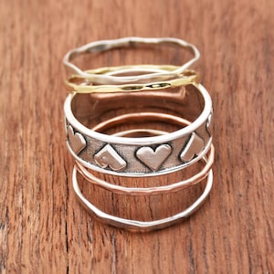Sterling Silver Stacking Rings Set: Boho Heart Ring, Dainty Stackable Rings