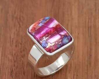 Roze oesterturkoois sterlingzilveren ring - Handgemaakte boho-statementring