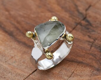 Roher Grüner Amethyst Ring: 925 Sterling Silber Perlenring
