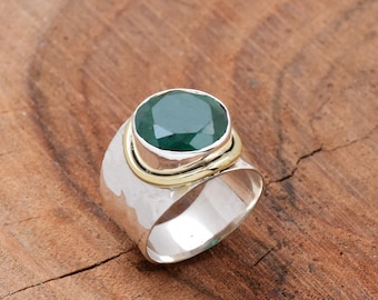 Handmade Emerald Ring: Hammered Sterling Silver Wide Band, Boho Jewelry