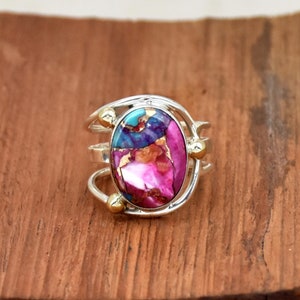 Pink Oyster Turquoise Ring: Sterling Silver Boho Band