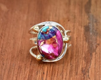 Pink Oyster Turquoise Ring: Sterling Silver Boho Band