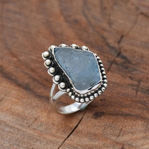 Raw Aquamarine Ring: 925 Sterling Silver Filigree Statement Ring