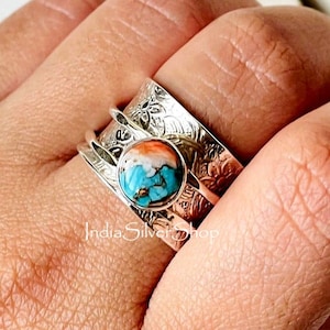 Oyster Copper Turquoise Spinner Ring, 925 Sterling Silver Ring, Handmade Ring,  Turquoise Ring, , Two Tone Ring, Handmade Jewelry For Her