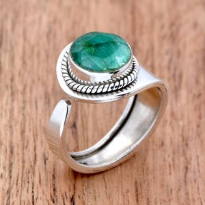 Emerald Sterling Silver Ring: Round Gemstone, Adjustable Boho Rope Ring