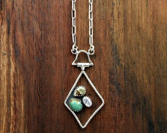 Green Blue Turquoise Geometric Necklace, Twisted Rope Diamond Frame, Stone Jewelry, Boho Statement Necklace