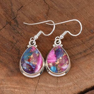 Pink Oyster Turquoise Earrings Sterling Silver Earrings Anniversary Earrings Spiny Oyster Earrings Pear Gemstone Earrings For Her