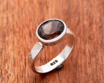 Handmade Faceted Smokey Quartz Ring: 925 Sterling Silver Statement Ring