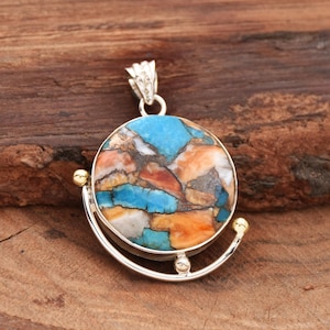 Natural Oyster Copper Turquoise Pendant 925 Sterling Silver Pendant Huge Round Stone Pendant Oyster Gemstone Pendant, Filigree Jewelry