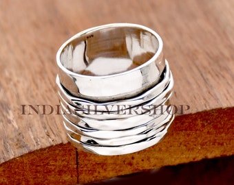 Anillo spinner de plata martillado, anillo de plata de ley 925 para mujer, anillo grueso boho, anillo fidget de banda ancha, anillo de meditación hecho a mano