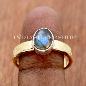 Natural Labradorite Ring Handmade Ring 925 Sterling Silver ring Round Gemstone Ring Golden Band Ring 18K Gold Vermeil ring Ring Gift For Her image 3