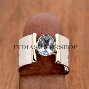 Natural Blue Topaz Gemstone Ring, 925 Sterling Silver Handmade Ring, Two Tone Ring, Hammered Ring, December Birthstone, Gift For Her imagen 2