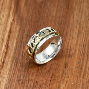 Multi Heart Spinner Ring, 925 Sterling Silver, Spinning Heart Ring, Narrow Thumb Band Ring, Hammered Spinner Ring Two Tone Ring Wedding Band