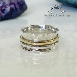 Hammered Spinner Ring, Mixed Metal Spinner ring, 2 tone sterling silver spinning ring, meditation ring, 925 sterling silver ring fidget ring image 2