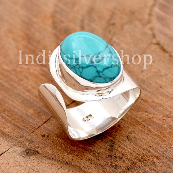 Blauwe turquoise ring, 925 sterling zilveren ring, verstelbare ring, enorme ring, brede bandring. Blue Stone Ring, Boho Ring, perfect cadeau voor haar