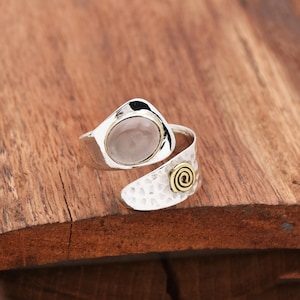 Natural Rose Quartz Ring, 925 Sterling Silver Ring, Hammered Ring, Statement Ring, Quartz Ring Adjustable Ring Anniversary Ring Gift For Her